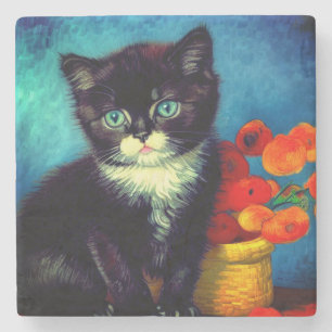 Van Gogh Tuxedo Cat  Stone Coaster