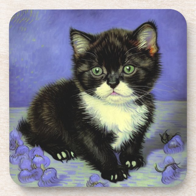 Van Gogh Tuxedo Kitten Coaster (Front)