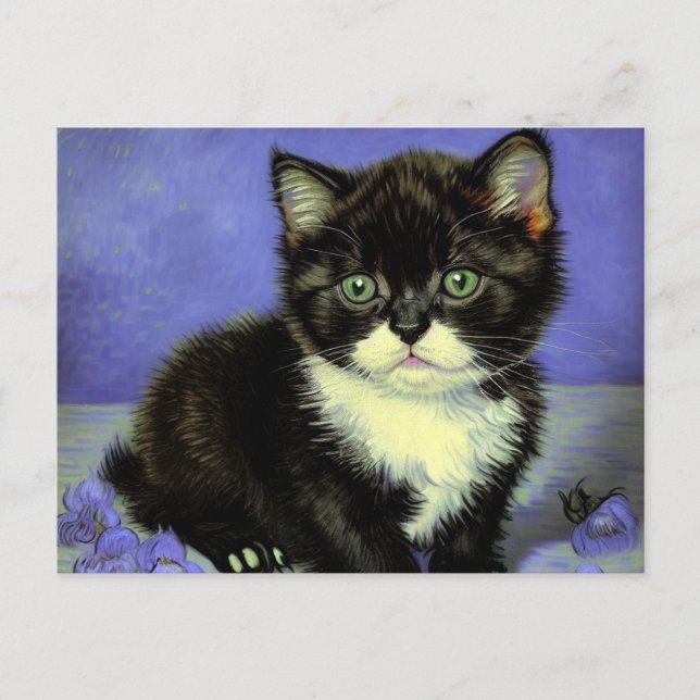 Van Gogh Tuxedo Kitten Holiday Postcard (Front)