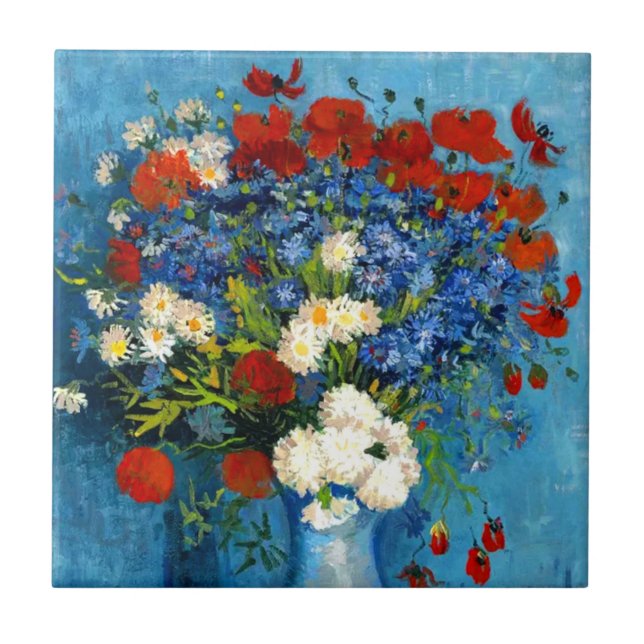 Van Gogh Vase with Cornflowers and Poppies Tile (Front)