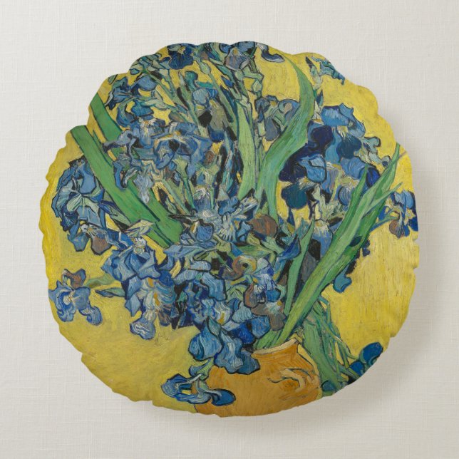 Van Gogh Vase with Irises Classic Impressionism Round Pillow (Front)