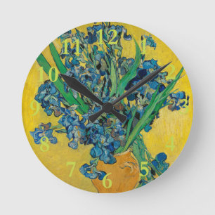 Van Gogh Vase with Irises on Yellow Round Clock