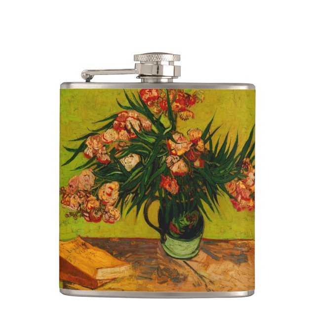 Van Gogh Vase With Oleanders And Books Floral Art Hip Flask (Front)