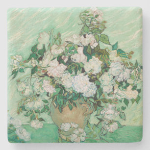 Van Gogh Vase with Pink Roses Vintage Flower Art Stone Coaster