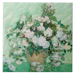Van Gogh Vase with Pink Roses Vintage Flower Art Tile