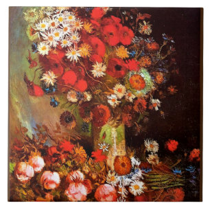 Van Gogh - Vase with Poppies, Cornflowers, Peonies Tile