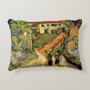 Van Gogh Village Street and Steps Auvers, Figures Accent Pillow