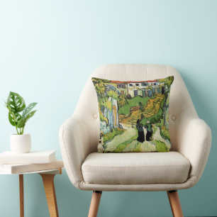 Van Gogh Village Street and Steps Auvers, Figures Throw Pillow