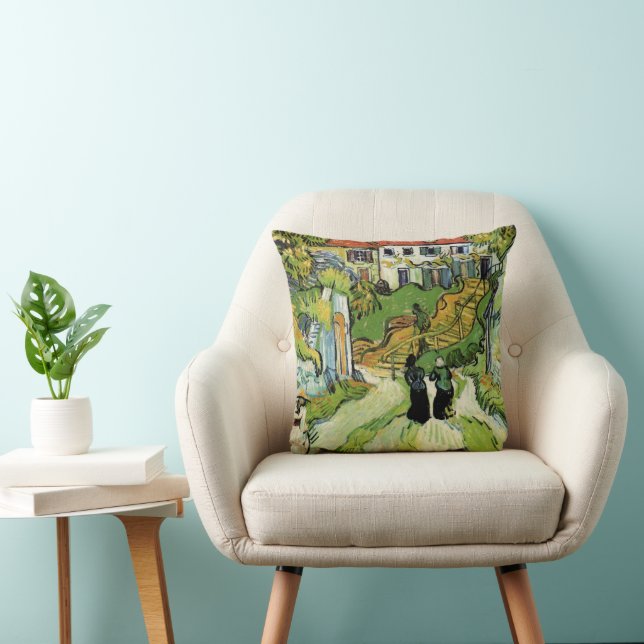 Van Gogh Village Street and Steps Auvers, Figures Throw Pillow (Chair)