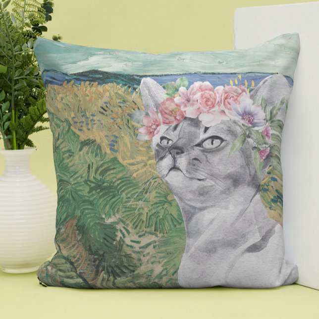 Van Gogh Wheat Field and Fancy Cat Throw Pillow (Creator Uploaded)