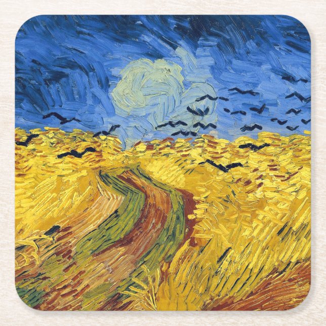 Van Gogh Wheat Fields impressionist Painting Square Paper Coaster (Front)