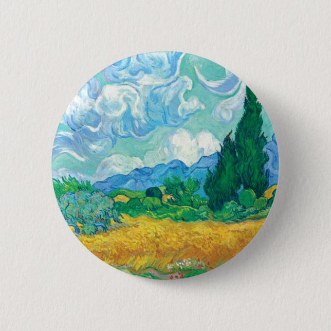 Van Gogh Wheatfield with Cypresses 2 Inch Round Button (Front)