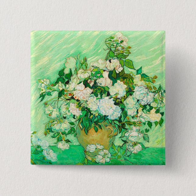 Van Gogh White Roses 2 Inch Square Button (Front)