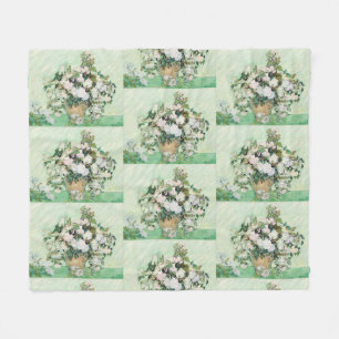 Van Gogh White Roses - Vintage Mint Floral Art Fleece Blanket