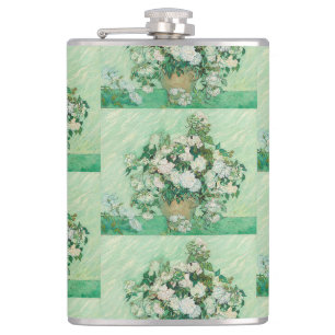Van Gogh White Roses - Vintage Mint Floral Art Hip Flask