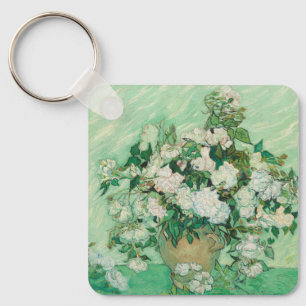Van Gogh White Roses - Vintage Mint Floral Art Keychain