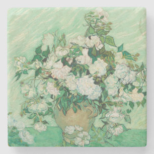 Van Gogh White Roses - Vintage Mint Floral Art Stone Coaster