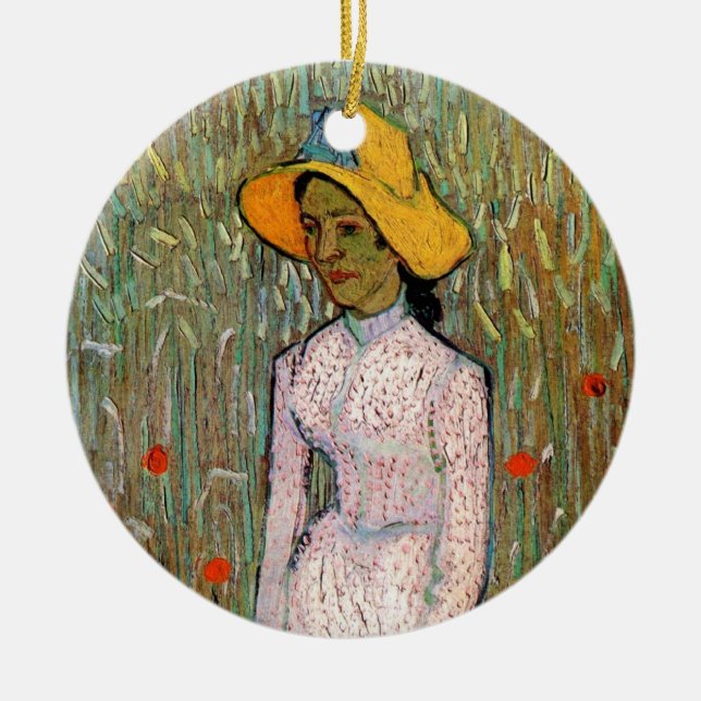 Van Gogh, Young Girl Standing; Background of Wheat Ceramic Ornament (Front)