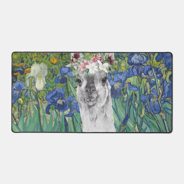 Van Gogh's Irises and Fancy Llama  Desk Mat (Front)