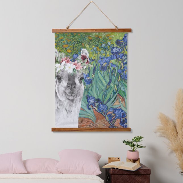 Van Gogh's Irises and Fancy Llama   Hanging Tapestry (Bedroom)