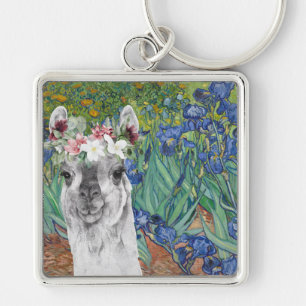 Van Gogh's Irises and Fancy Llama     Keychain