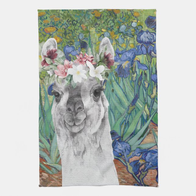 Van Gogh's Irises and Fancy Llama Kitchen Towel (Vertical)