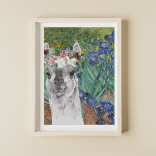 Van Gogh's Irises and Fancy Llama Poster