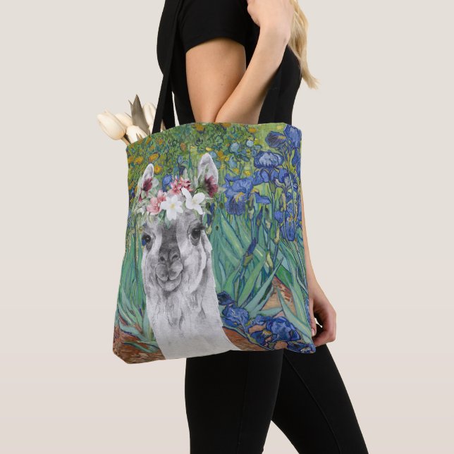 Van Gogh's Irises and Fancy Llama Tote Bag (Close Up)