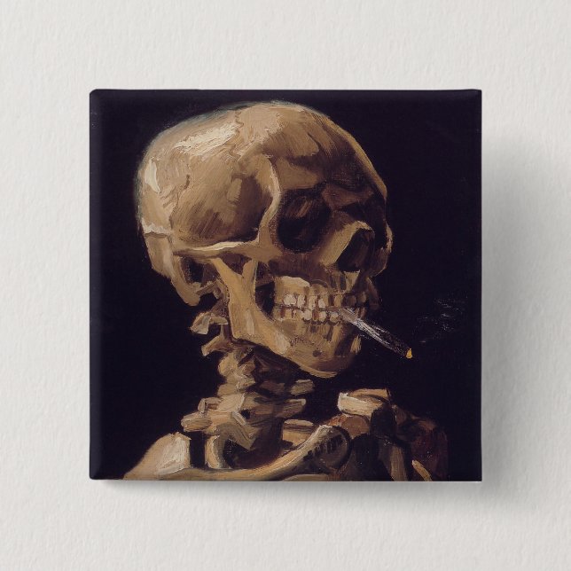 Van Gogh's Skeleton with Burning Cigarette 2 Inch Square Button (Front)