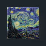 Van Gogh's Starry Night 2 Inch Square Button<br><div class="desc">Van Gogh's masterpiece: Starry Night.
The Starry Night is an oil on canvas by the Dutch post-impressionist painter Vincent van Gogh. Painted in June 1889,  it depicts the view from the east-facing window of his asylum room at Saint-Rémy-de-Provence,  just before sunrise,  with the addition of an idealized village.</div>