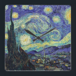 Van Gogh's Starry Night Square Wall Clock<br><div class="desc">Van Gogh's masterpiece: Starry Night.
The Starry Night is an oil on canvas by the Dutch post-impressionist painter Vincent van Gogh. Painted in June 1889,  it depicts the view from the east-facing window of his asylum room at Saint-Rémy-de-Provence,  just before sunrise,  with the addition of an idealized village.</div>
