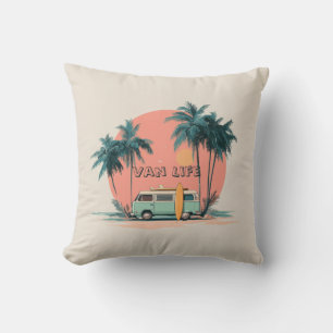 Van Life – Retro Beach Camper Art Throw Pillow