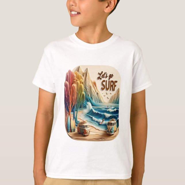 Van Parked With Surfboards on Sandy Shore T-Shirt (Front)