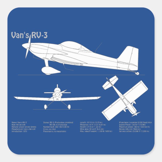 Van’s RV-3 - Airplane Blueprint Plans ABD Square Sticker (Front)