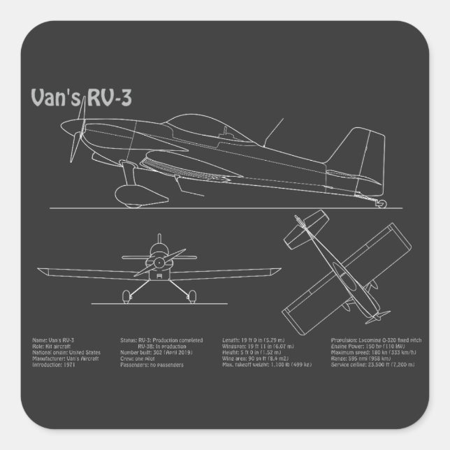 Van’s RV-3 - Airplane Blueprint Plans PD Square Sticker (Front)