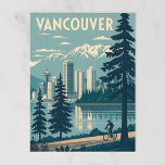 Vancouver, Canada Postcard<br><div class="desc">a retro postcard of Vancouver, Canada. Include the skyline with high-rise glass buildings, backed by the North Shore Mountains. Add Stanley Park’s evergreen trees and a cyclist on the seawall path in the foreground. Include reflections in the water of Burrard Inlet. Use teal, navy, and forest green colour tones with...</div>