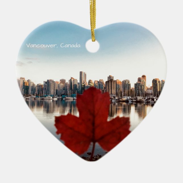 Vancouver Canada Red Maple Leaf Skyline Ceramic Ornament (Front)