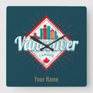 Vancouver Skyline British Columbia Retro Canada Square Wall Clock