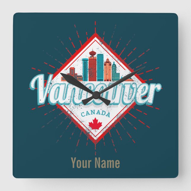 Vancouver Skyline British Columbia Retro Canada Square Wall Clock (Front)