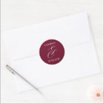 Vanessa Burgundy Modern Wedding Classic Round Sticker<br><div class="desc">Modern wedding stickers featuring a simple and minimal layout with your names and an elegant ampersand in a large format.  The colour theme is burgundy and may be changed in the design editing tool.</div>