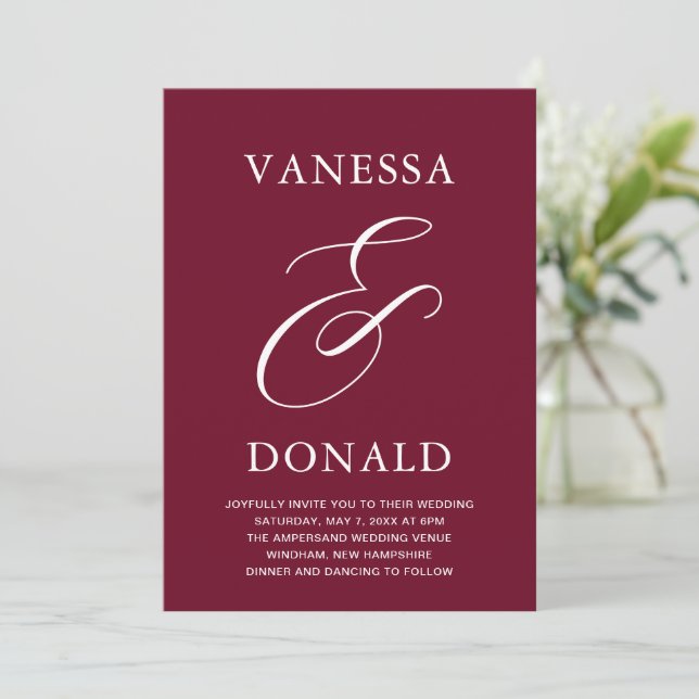 Vanessa Burgundy Modern Wedding Invitation (Standing Front)