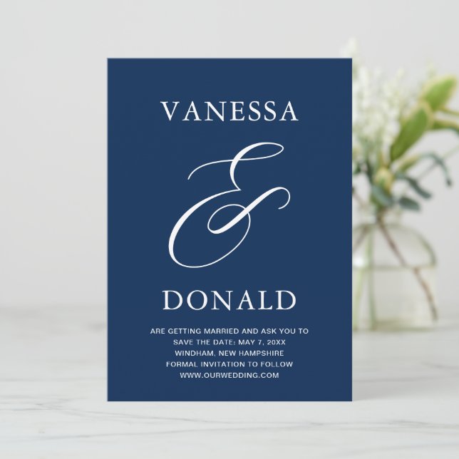 Vanessa Navy Blue Modern Wedding Save The Date (Standing Front)