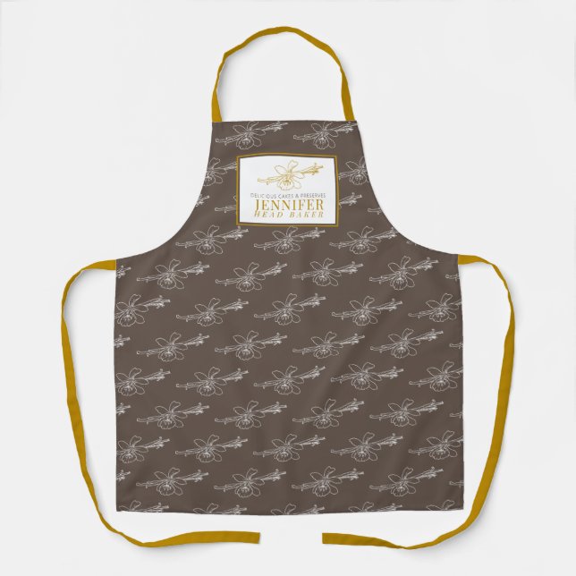 Vanilla bean and flower brown gold business apron (Front)