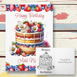 Vanilla Birthday Cake and Berries Colouring Page Card