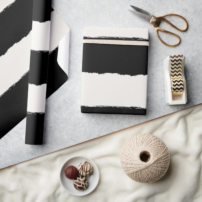 Vanilla & Black Rough Edge Stripes Pattern Wedding Wrapping Paper (Crafts)