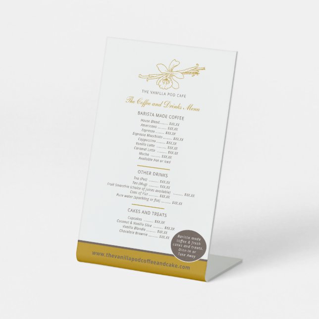 Vanilla cafe coffee drinks price list brown yellow pedestal sign (Front)