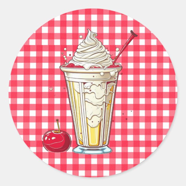 Vanilla Milkshake with Cherries Red Chequered Classic Round Sticker (Front)