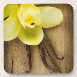 Vanilla Pods and Flower over Wooden Background Coaster