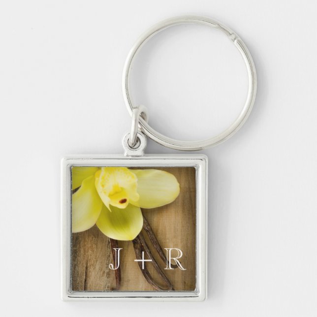 Vanilla Pods and Flower over Wooden Background Keychain (Front)