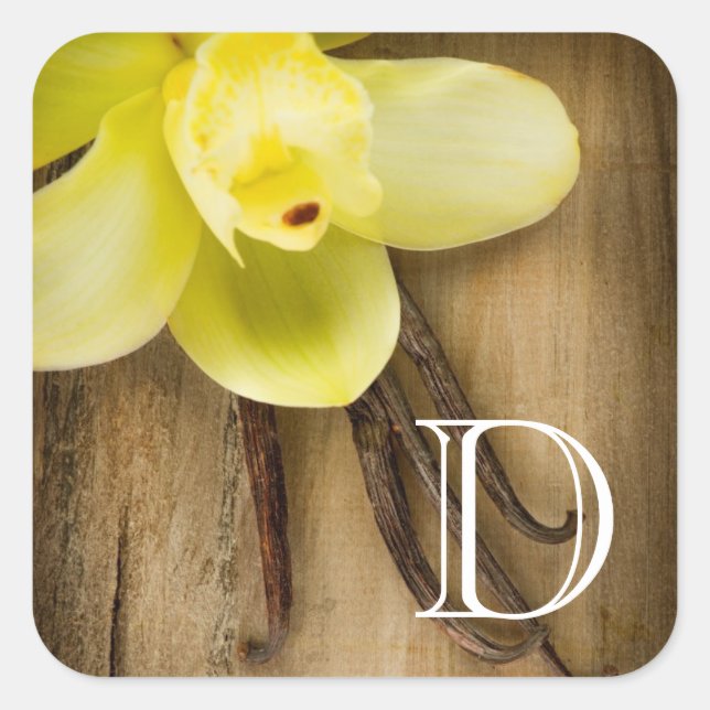 Vanilla Pods and Flower over Wooden Background Square Sticker (Front)